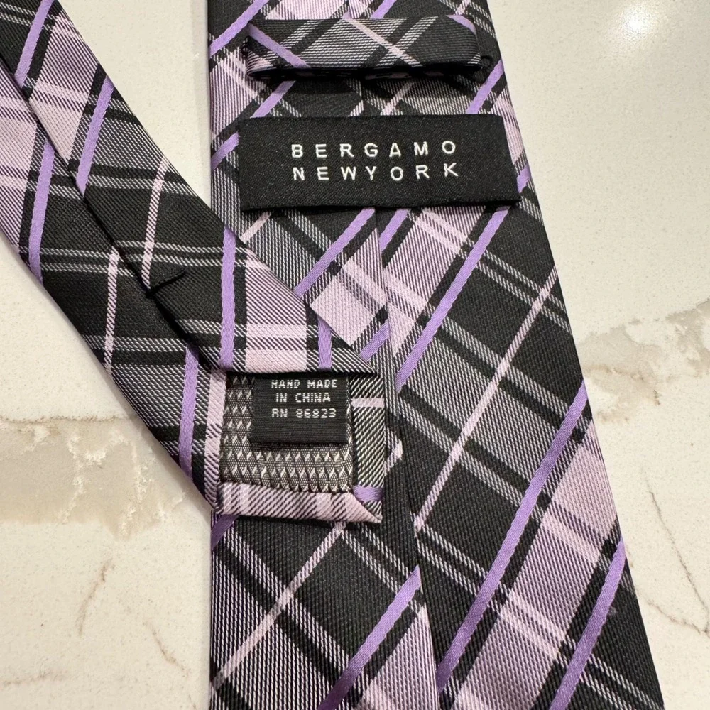 Bergamo New York Mens Plaid Necktie Purple Black Grey Hand Made Polyester Tie